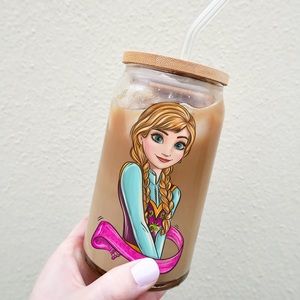 Disney Princess Anna 16oz can glass with bamboo lid & straw